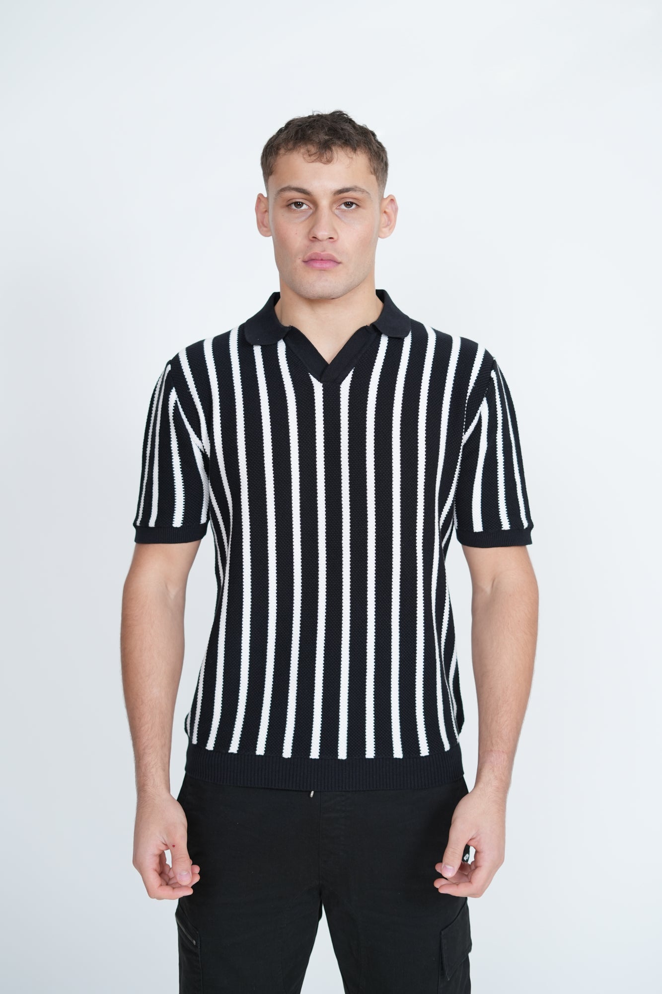Knitted Monochrome Stripe Polo | Men's Premium Knitwear Polo Shirt | Black White Stripe Knit