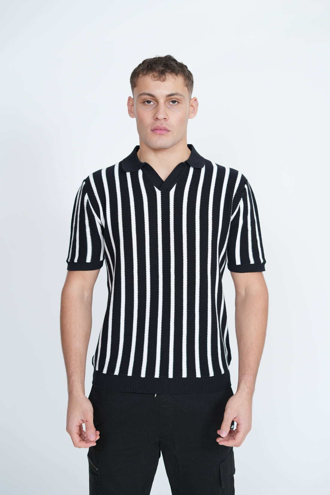 Knitted Monochrome Stripe Polo | Men's Premium Knitwear Polo Shirt | Black White Stripe Knit
