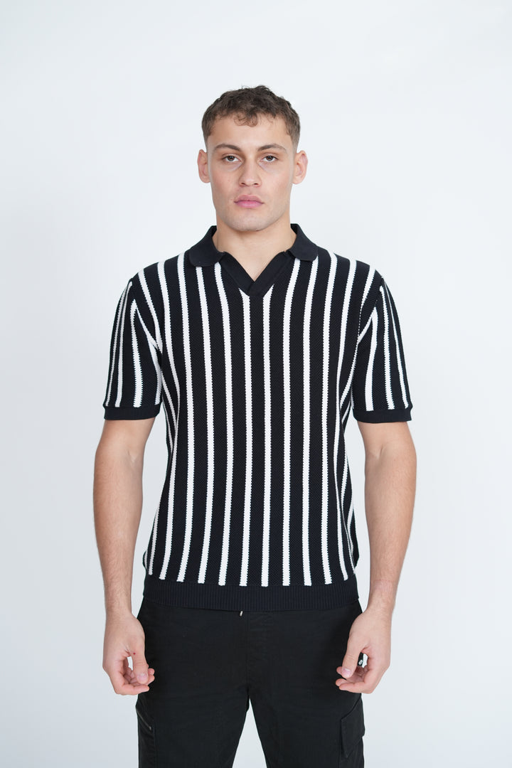 Knitted Monochrome Stripe Polo | Men's Premium Knitwear Polo Shirt | Black White Stripe Knit