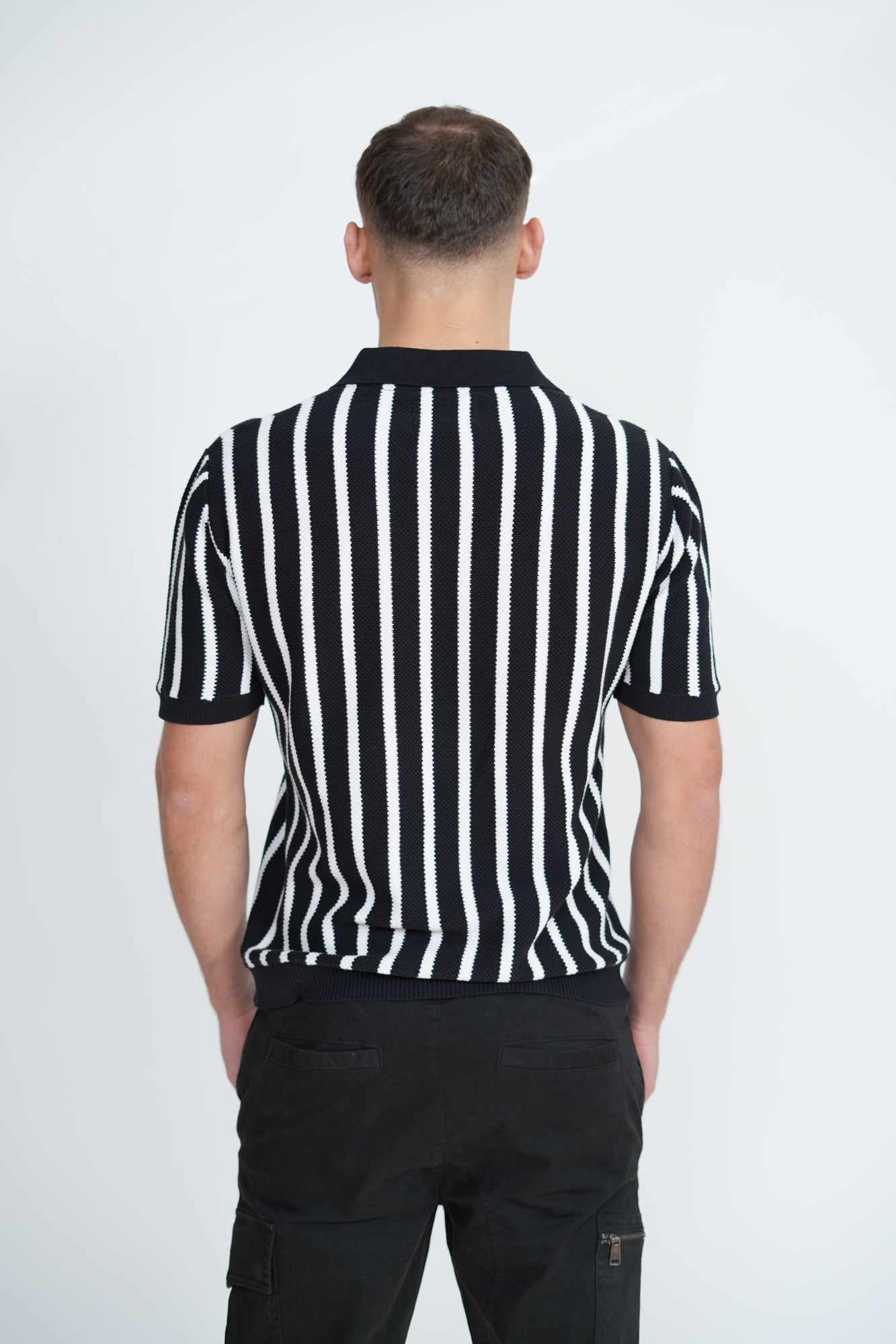 Knitted Monochrome Stripe Polo | Men's Premium Knitwear Polo Shirt | Black White Stripe Knit