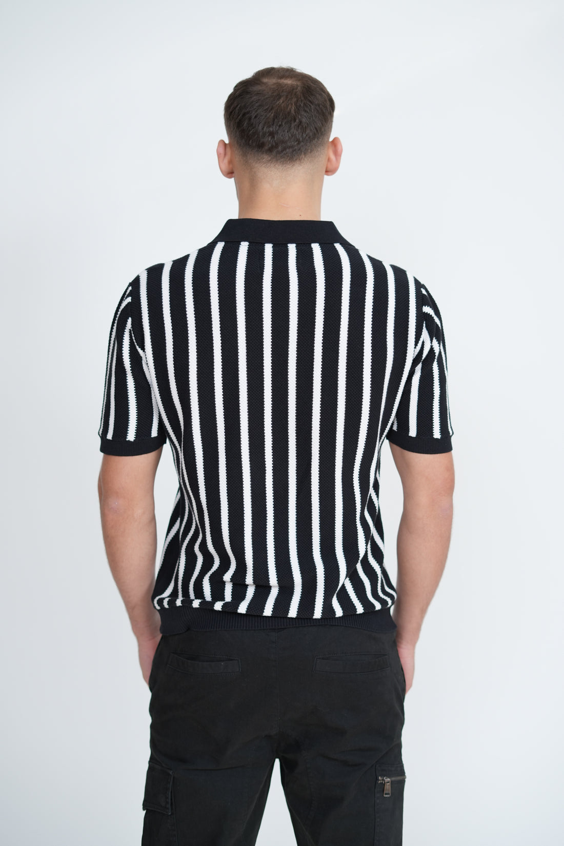 Knitted Monochrome Stripe Polo | Men's Premium Knitwear Polo Shirt | Black White Stripe Knit