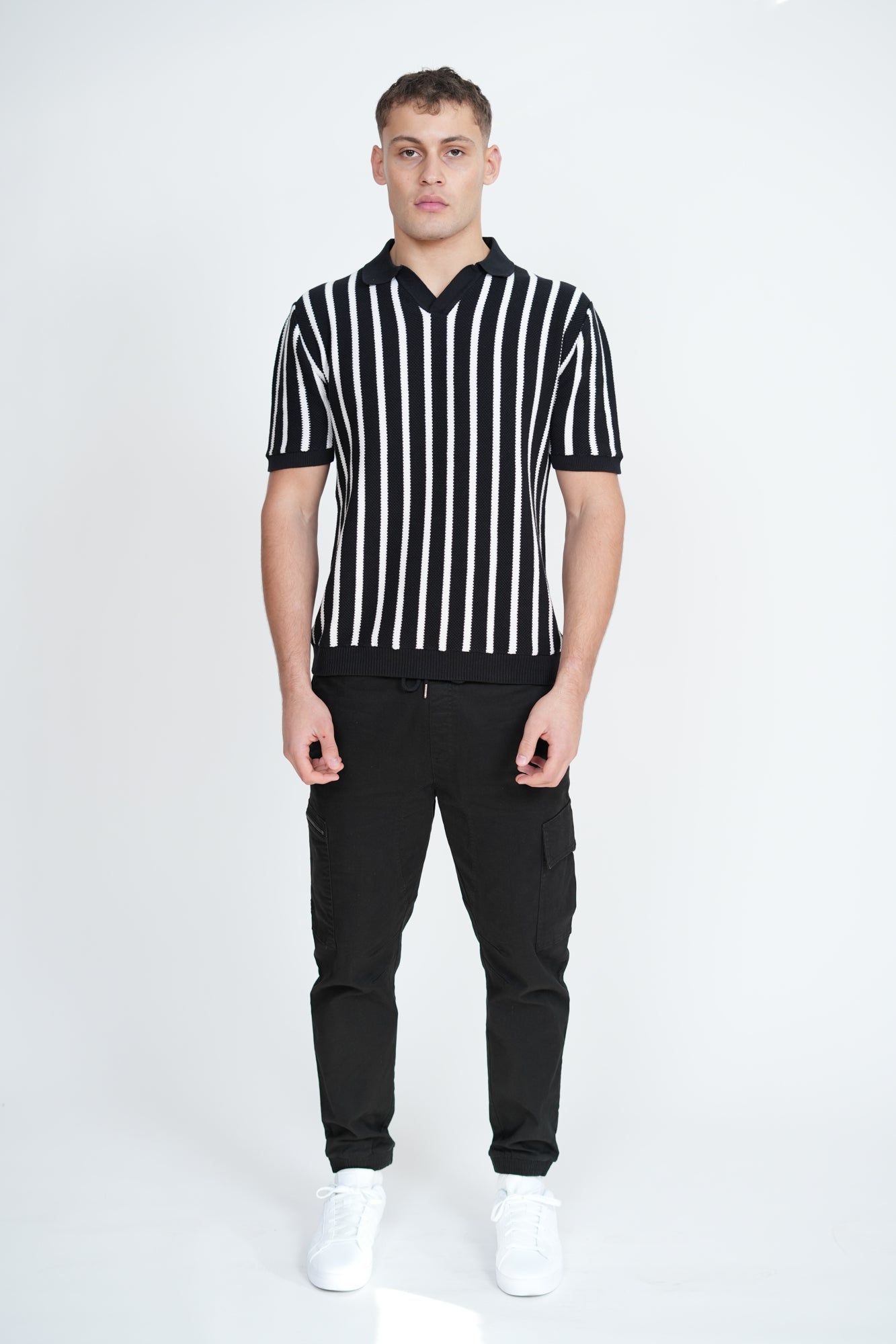 Knitted Monochrome Stripe Polo | Men's Premium Knitwear Polo Shirt | Black White Stripe Knit