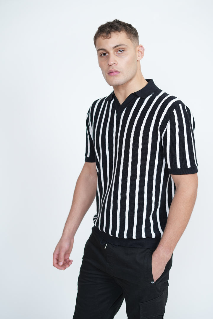 Knitted Monochrome Stripe Polo | Men's Premium Knitwear Polo Shirt | Black White Stripe Knit