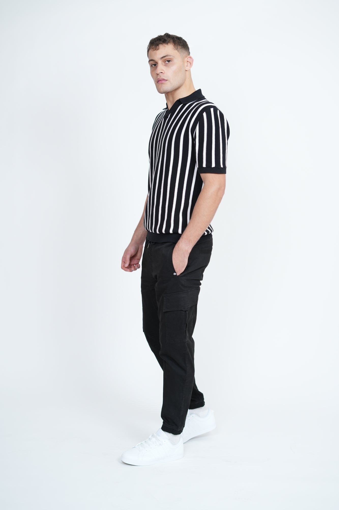 Knitted Monochrome Stripe Polo | Men's Premium Knitwear Polo Shirt | Black White Stripe Knit