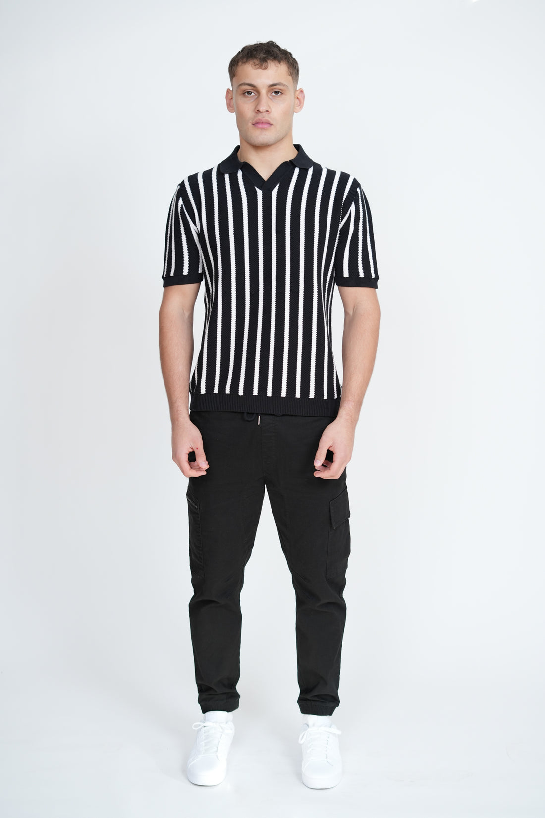 Knitted Monochrome Stripe Polo | Men's Premium Knitwear Polo Shirt | Black White Stripe Knit