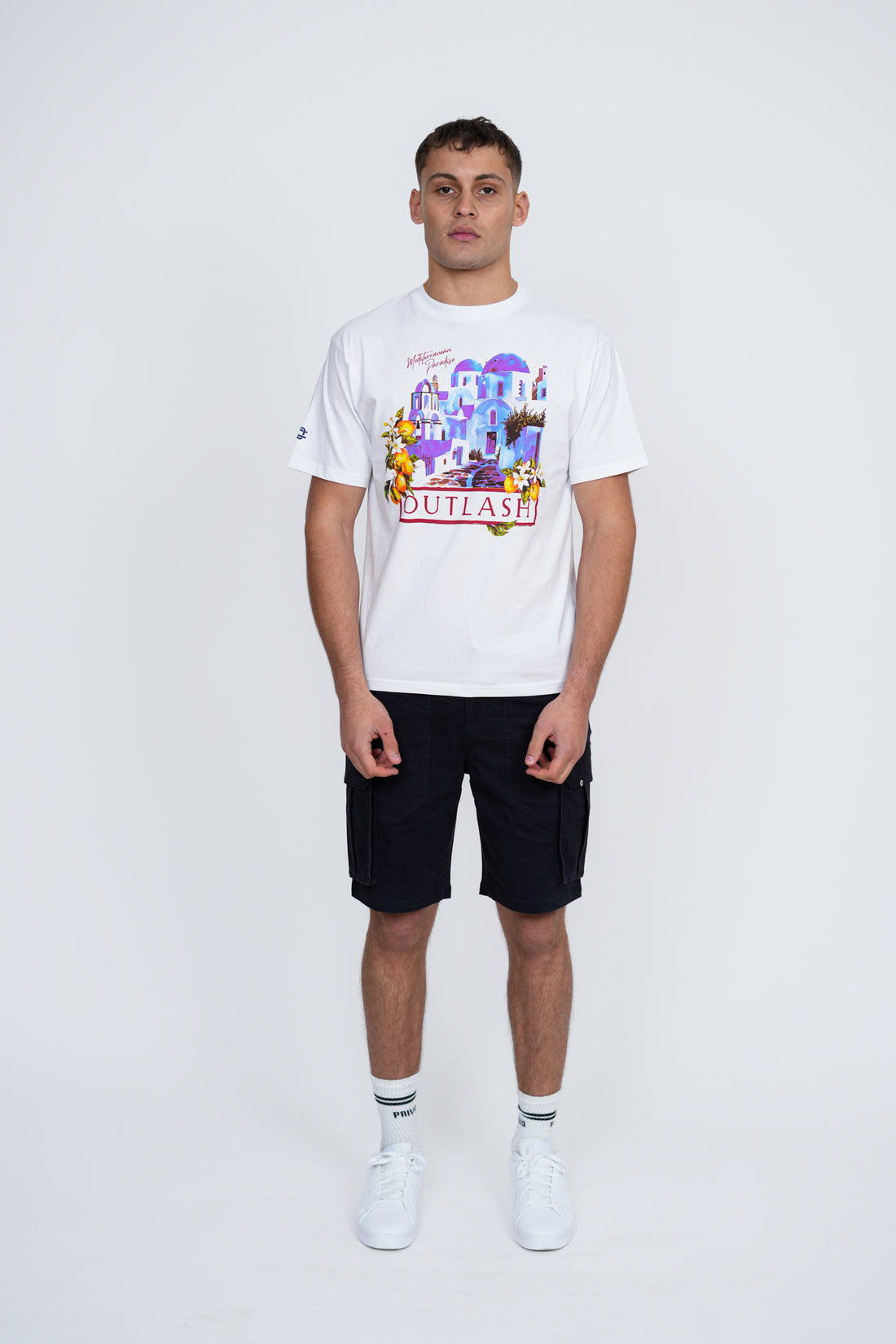 Mediterranean City T-Shirt | Men's Premium Cotton Graphic Tee | Outlash Santorini Streetwear